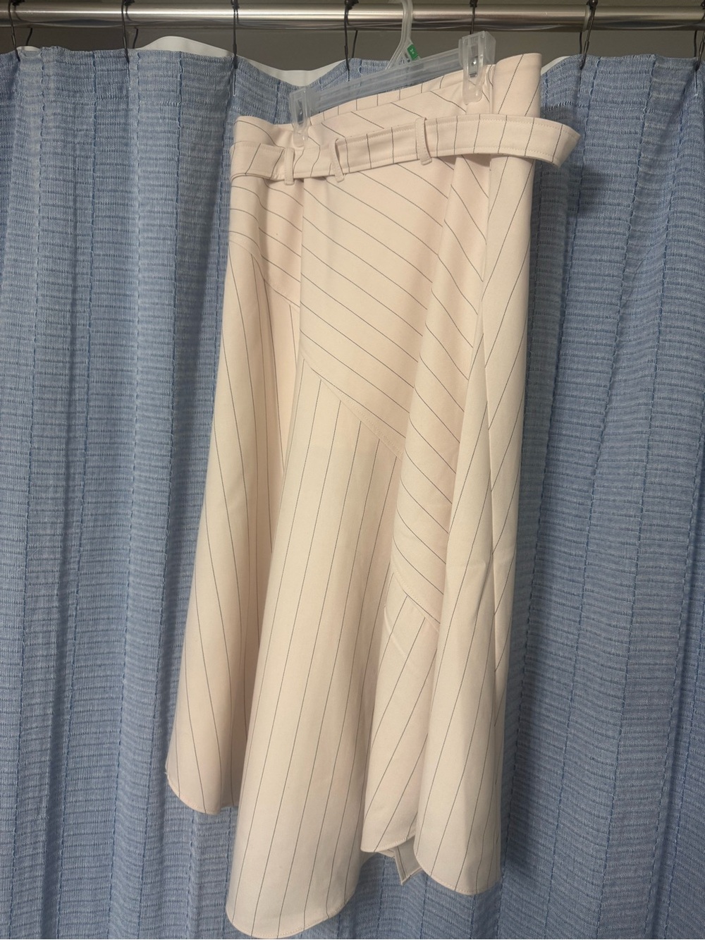 Anthropologie Cream A-Line Midi Skirt with Thin Pinstripes and Waist Tie